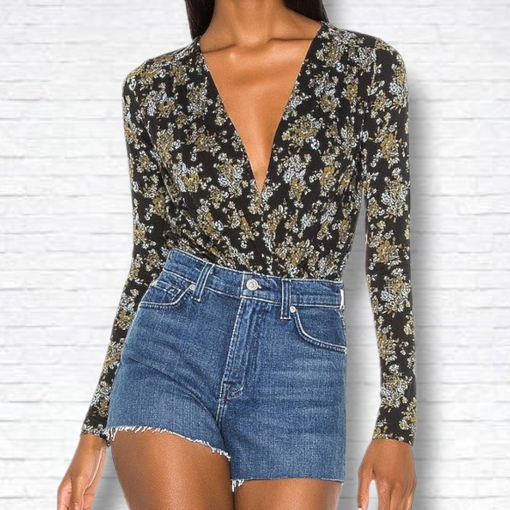 Free People "Turnt" Printed Long Sleeve Bodysuit In Night Combo Size M
